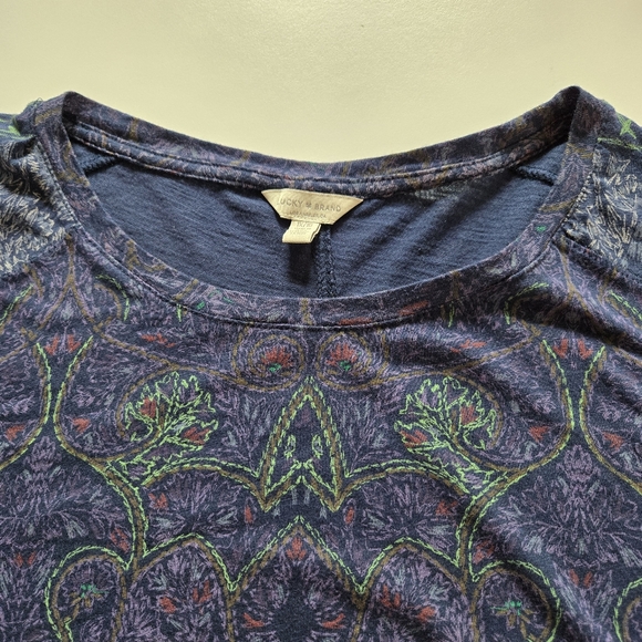 Lucky Brand Paisley Blouse Size Peacock Colors Cotton Modal Bohemian Tee Hippie - Picture 11 of 16